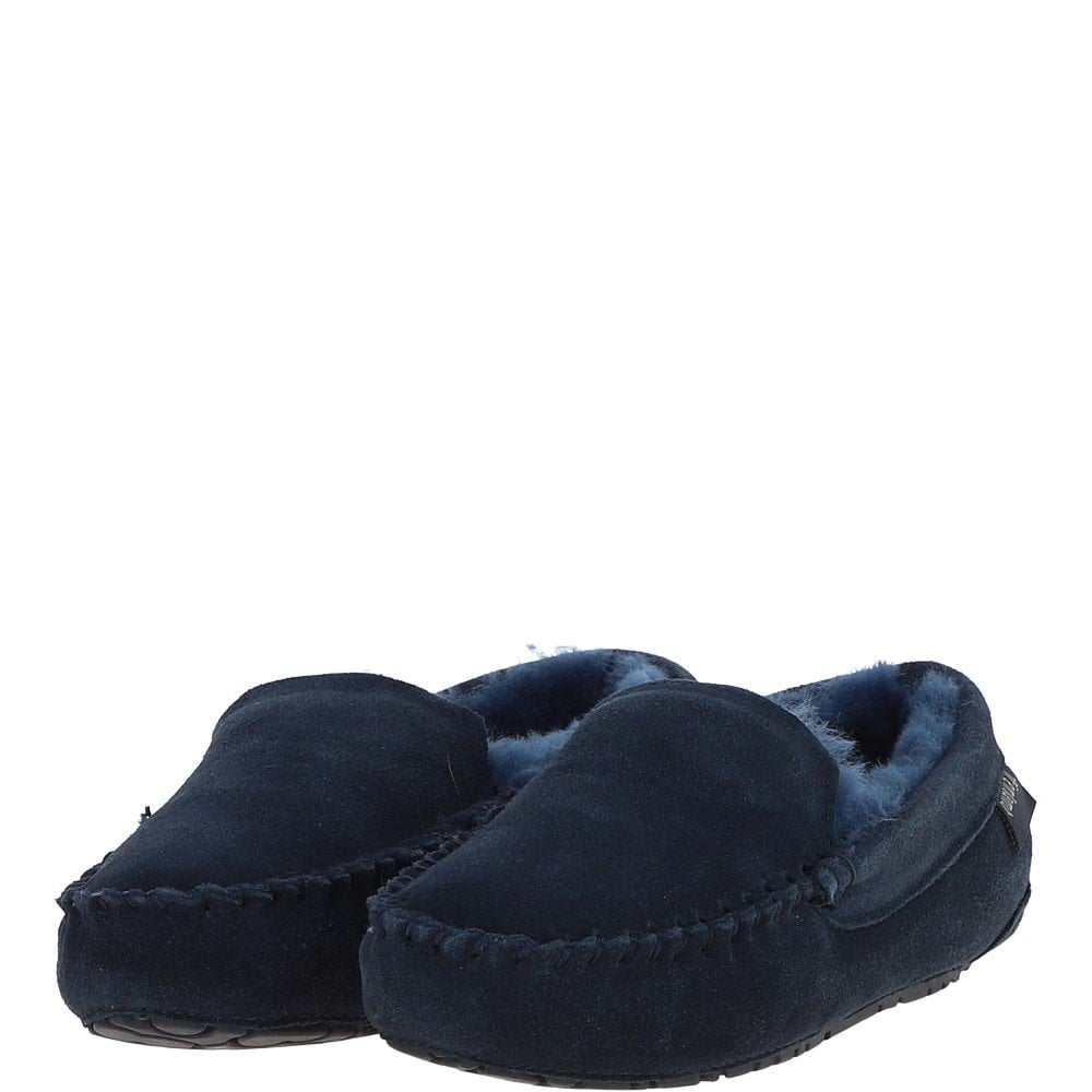 Fenland Classic Mens Suede Sheepskin Moccasin Slippers Navy/navy